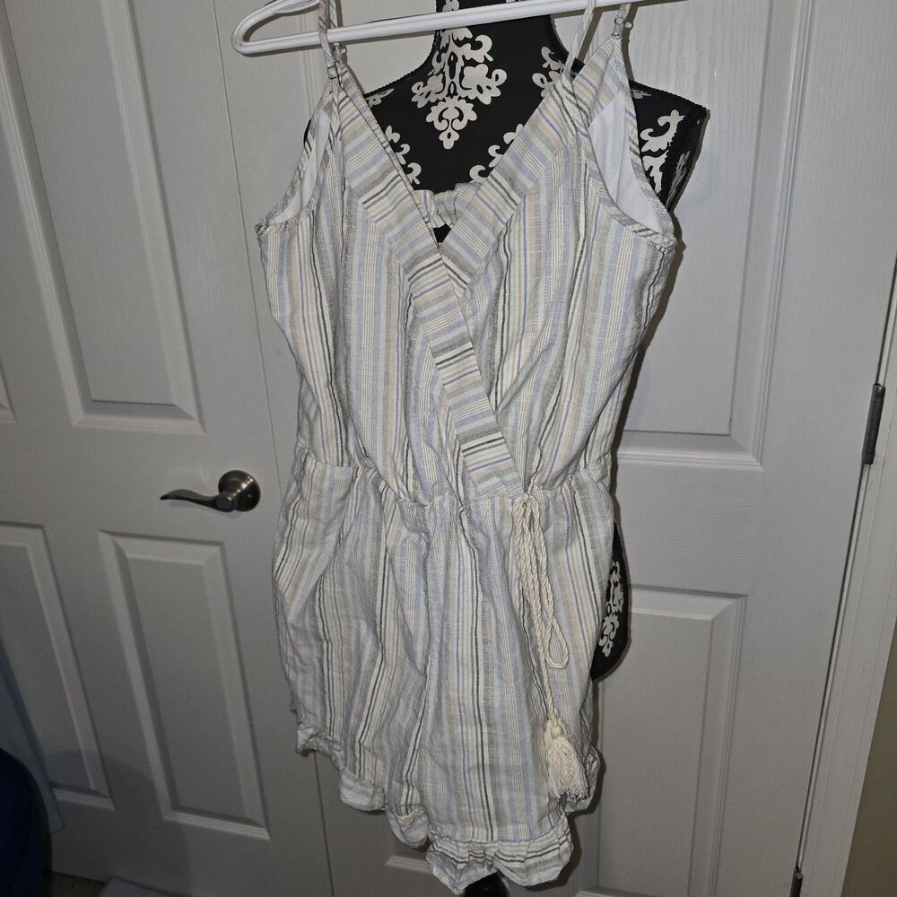 Andree By Unit Lined Fringe Spaghetti Strap Tie Back Linen Romper Medium